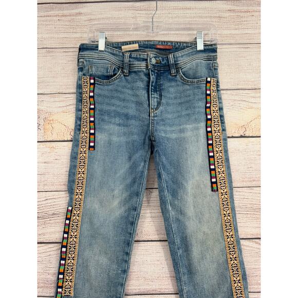 Pilcro Slim Boyfriend Crop Jeans Womens 26 Blue Medium Wash Ribbon Embroidered - Picture 3 of 13